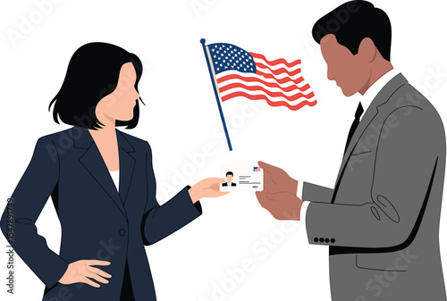 Flat Silhouette Illustration Woman Man Business Suits I D Card Exchange American Flag Background vector 1