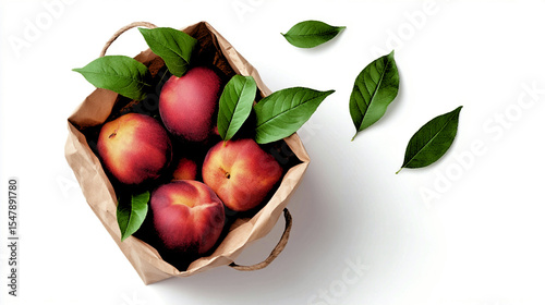 Gorgeous peaches nestled among vibrant green leaves in a rustic paper bag on a clean, bright surface