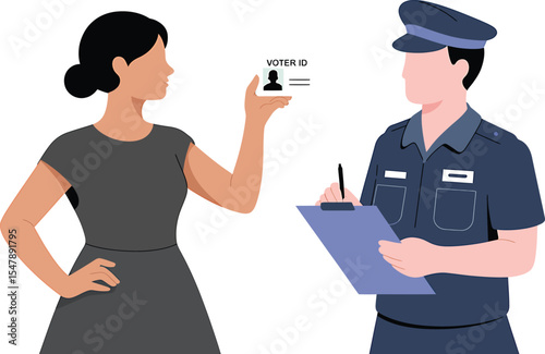 Flat Silhouette Illustration Woman Showing Voter I D Card to Officer Clipboard Grey Dark Blue police