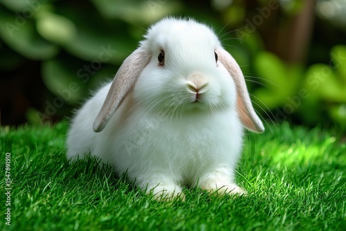 Cute adorable white fluffy rabbit sitting on green grass lawn at backyard