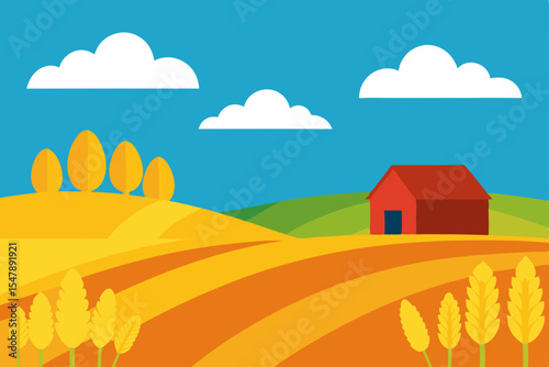 Golden wheat field under a vast blue sky, a quintessential summer landscape illustrating the tranquil countryside