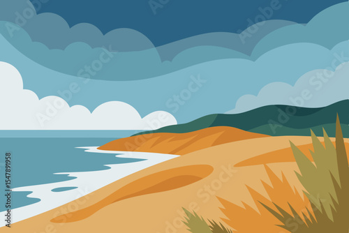 Seascape with summer sky, ocean waves, and distant mountains