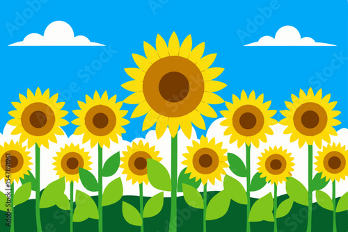 A vibrant summer field of sunflowers blossoms under a clear sky, embodying the yellow hues of nature's finest floral landscape