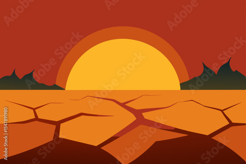 Orange desert sunset landscape vector with sun and mountains silhouette