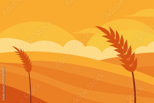 Golden summer sunset over a wheat field with silhouetted palm trees, a tropical nature vector illustration