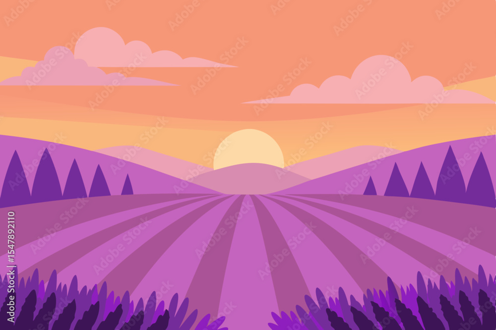 Fototapeta premium Mountain landscape at sunset, with an orange sky, clouds, and a silhouette of trees and hills