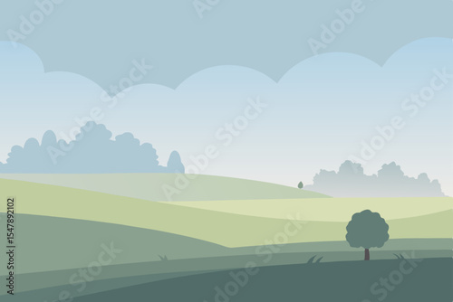 Green summer landscape with trees, hills, and a cloudy sky