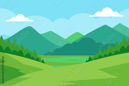 Summer mountain landscape with a vibrant blue sky, green hills, and a sun-drenched meadow