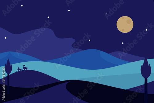 Moonlit night landscape with mountains and sea