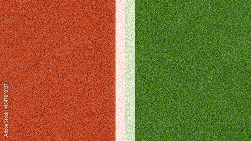Top view of tennis court surface with red clay and green grass divided by a white line