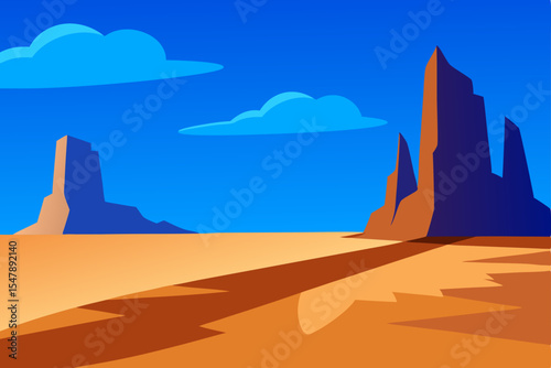 Desert landscape vector illustration featuring mountains, a vibrant sunset sky, and a lone tree silhouette
