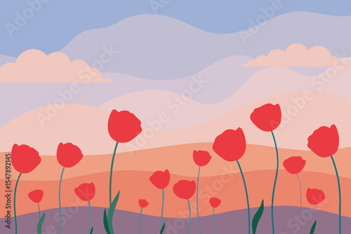 Red poppies blossom beautifully across a vast summer field, a vibrant floral landscape under the blue sky