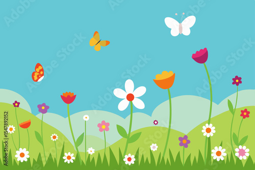 Beautiful floral background with colorful spring and summer flowers, butterflies, and green grass in a sunny meadow