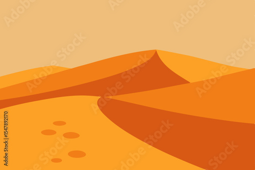 Desert landscape vector illustration: sun setting over Sahara dunes, casting orange and yellow hues across dry, wavy sand and mountains