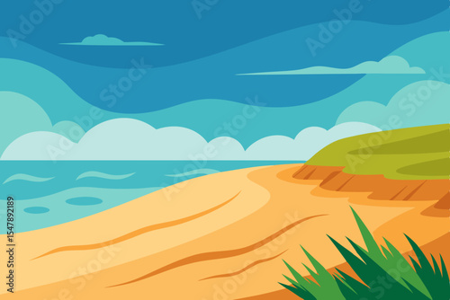 Sun-drenched summer desert landscape with sand dunes, dry grass, and a distant ocean under a vast sky