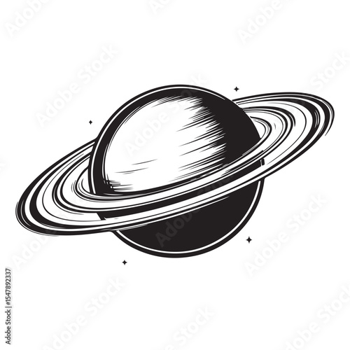 Black and white sketch illustration of a planet with rings resembling Saturn in space