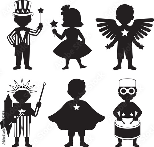 Six Black Silhouettes of Children in Patriotic and Superhero Costumes Holding Stars and Instruments on White