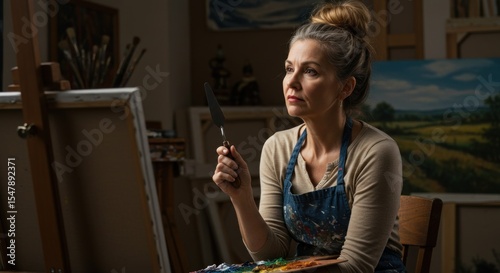 Fototapeta Naklejka Na Ścianę i Meble -  Senior woman artist painting at a cafe table, smiling and enjoying a glass of wine