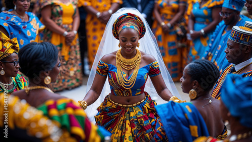 Beautiful african bride in traditional wedding attire surrounded by attendees celebrating a ceremony