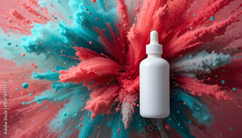 Title: White Dropper Bottle with Teal and Red Powder Explosion, Concept of Skincare Innovation, Product Packaging, and Bold Minimalist Aesthetics