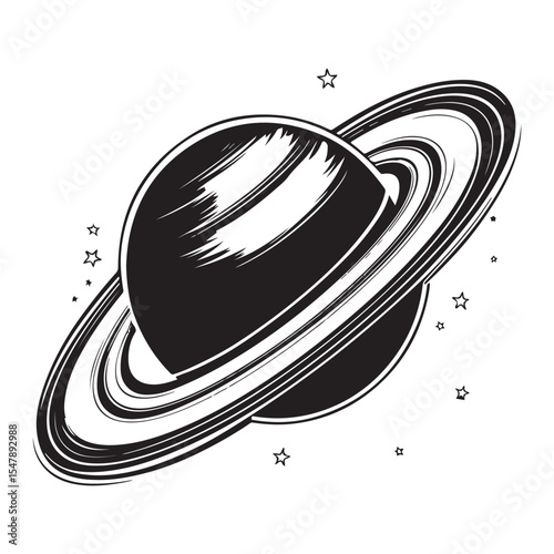 Black and white sketch illustration of a planet with rings resembling Saturn in space