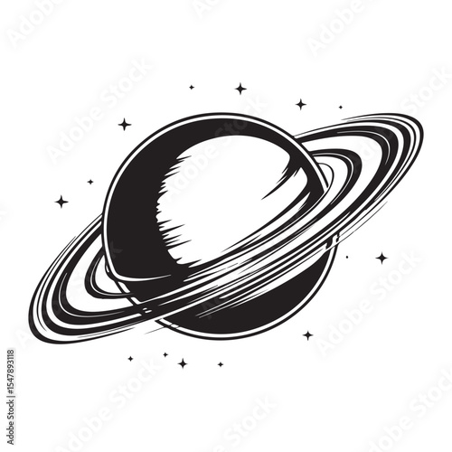 Black and white sketch illustration of a planet with rings resembling Saturn in space