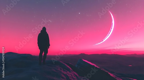 Silhouette, Person, Man, Solitary Figure at Sunset with Pink Crescent Moon