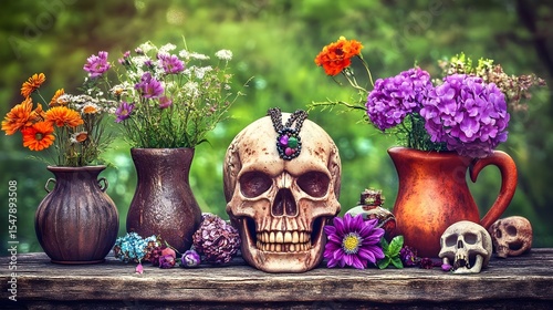 Skull, Human skull, Flowers, Still Life with Skull, Flowers, and Vases