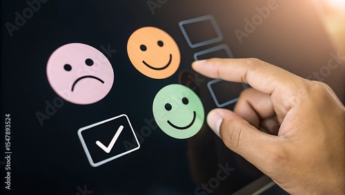 Hand selecting a positive feedback smiley face on a digital screen