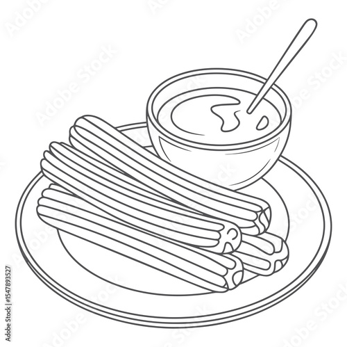 Churros and Chocolate Sauce on Plate Line Art food