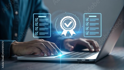 Person using laptop with digital checklist and quality assurance certification seal