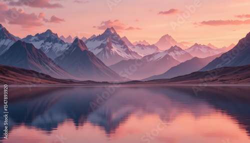 Title: Snow-Capped Mountains Reflected in Calm Lake at Sunset, Concept of Natural Symmetry, Scenic Tranquility, and Majestic Wilderness Beauty