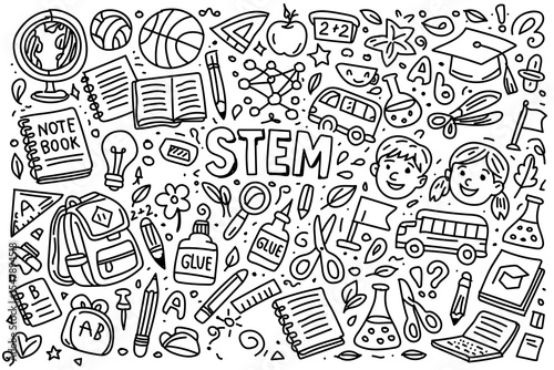 STEM education doodle illustration with school supplies, science and learning icons