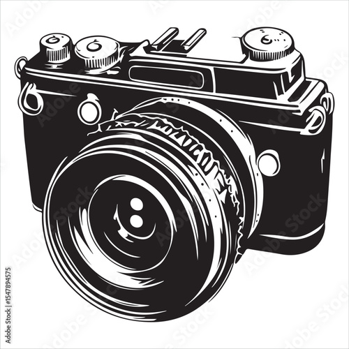 Camera silhouette vector art illustration, DSLR camera black silhouette vector, Simple silhouette Design vector icon with white background, A sleek, black silhouette of a DSLR/SLR camera