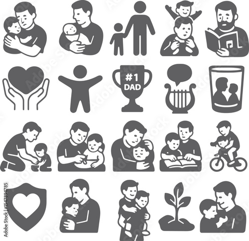 Gray Father and Child Icon Set Family Love Bonding