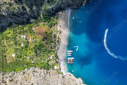 Fototapeta Naklejka Na Ścianę i Meble -  The Butterfly Valley ( Kelebekler Vadisi ) drone view in Fethiye Town of Turkey