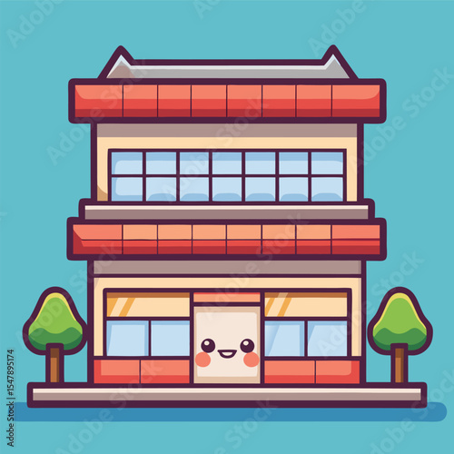 Cute cartoon building with a happy face