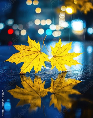 Art Beautiful yellow autumn maple leaves in a puddle in the rain. Autumn weather season. Reflection of the night city light in the water