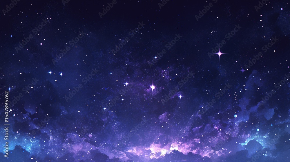 Obraz premium Fantasy galaxy themed Valentine's Day background with twinkling stars and cosmic dust, deep purple and pink tones, romantic cosmic scene suitable for love and relationship concepts,
