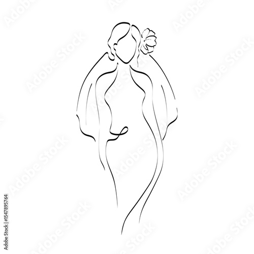 Continuous line drawing of a girl in a wedding dress and vail. Silhouette of the bride. Minimalist black linear sketch isolated on white background. Hand drawn vector illustration.