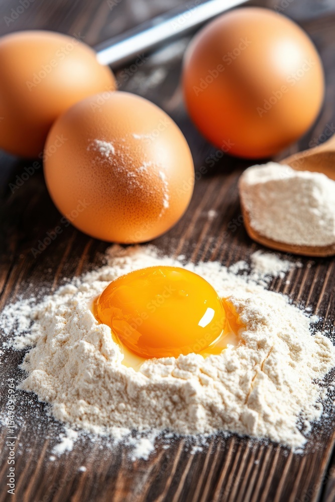 Fresh eggs with flour and wooden spoon on rustic table for baking. Fresh eggs with flour and wooden spoon on rustic table for baking.