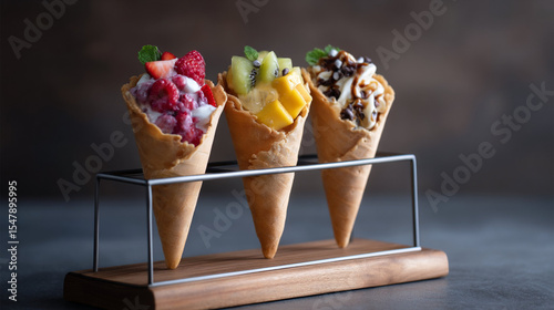 Delightful ice cream cones filled with fresh fruit and rich toppings served in a modern display
