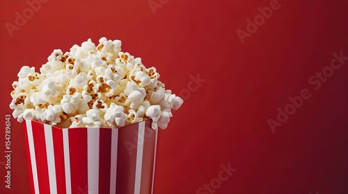 Popcorn, Bucket, Red, Popcorn in a Red and White Striped Bucket on Red Background