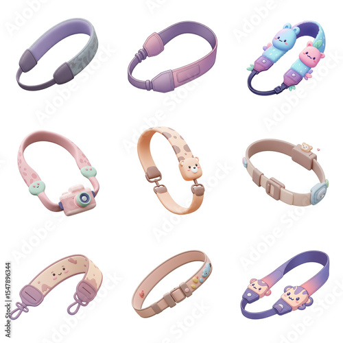 Colorful cartoon camera straps in various playful designs isolated set
