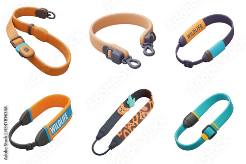 3D cartoon illustration of Wildlife camera straps in different designs isolated set 