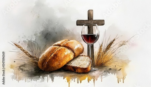 Watercolor depiction of communion elements: bread and wine.