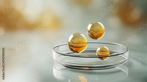 Floating orbs in a glossy dish evoke a dreamy, abstract realm of creativity and imagination