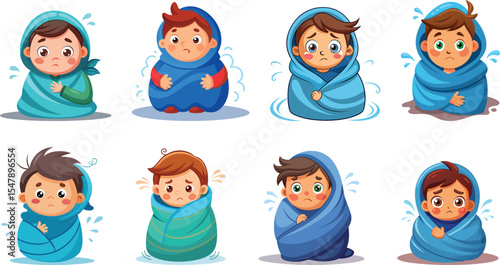 Baby shivering in blanket cartoon set vector illustration