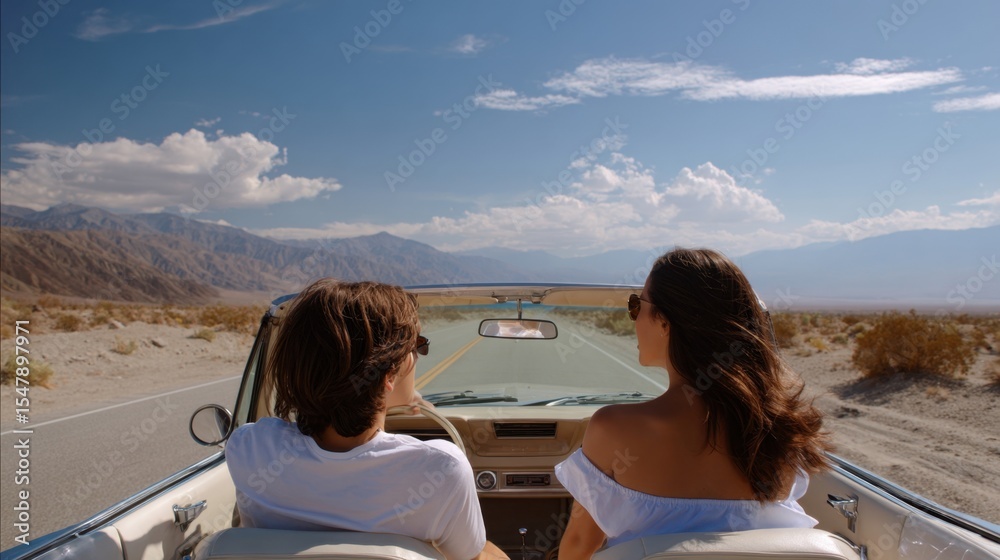 Obraz premium Friends looking out from convertible on empty desert road