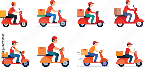 Delivery boy on bike set vector illustration